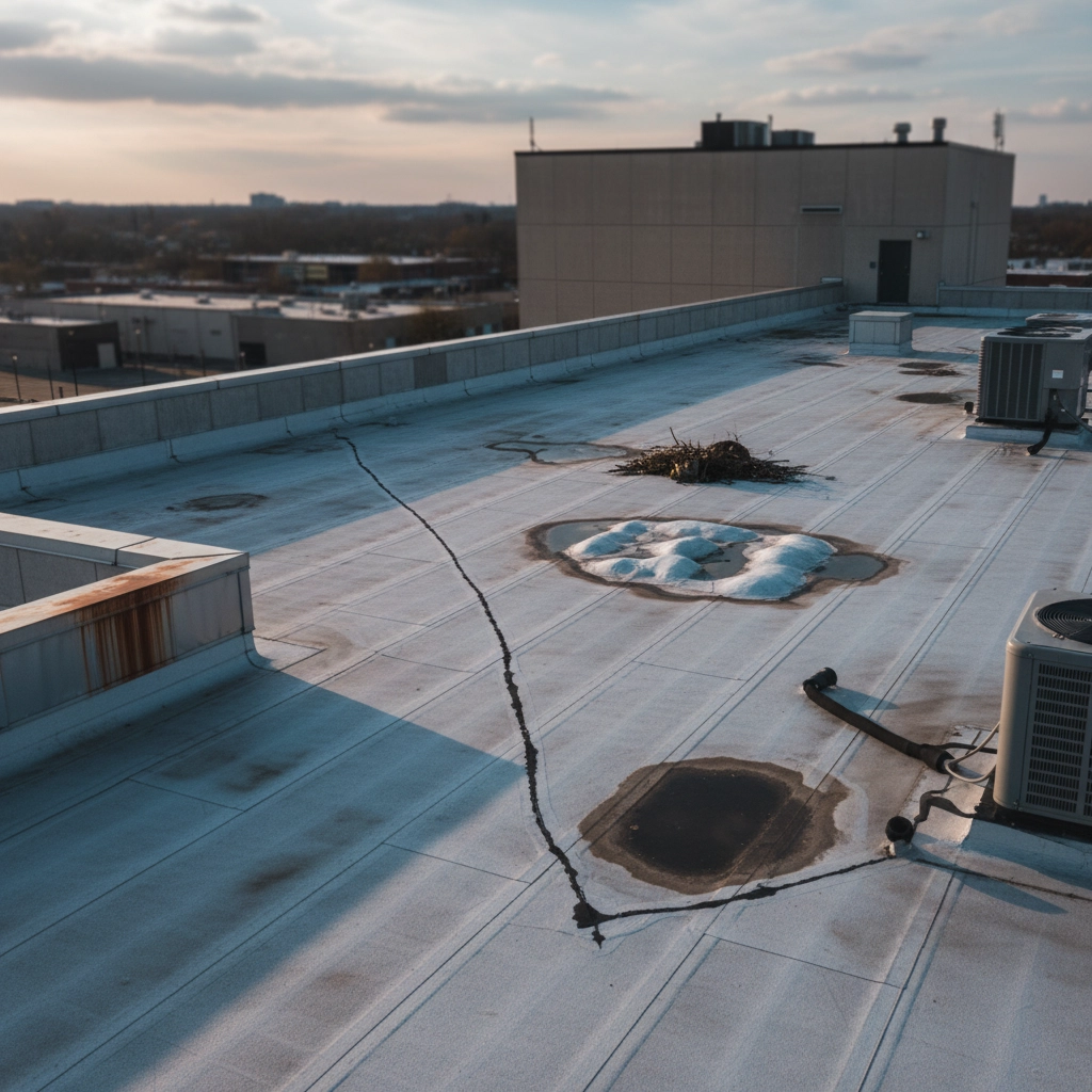 TriVAN Roofing technicians perform a commercial roof maintenance inspection on a flat roof in Texas.
