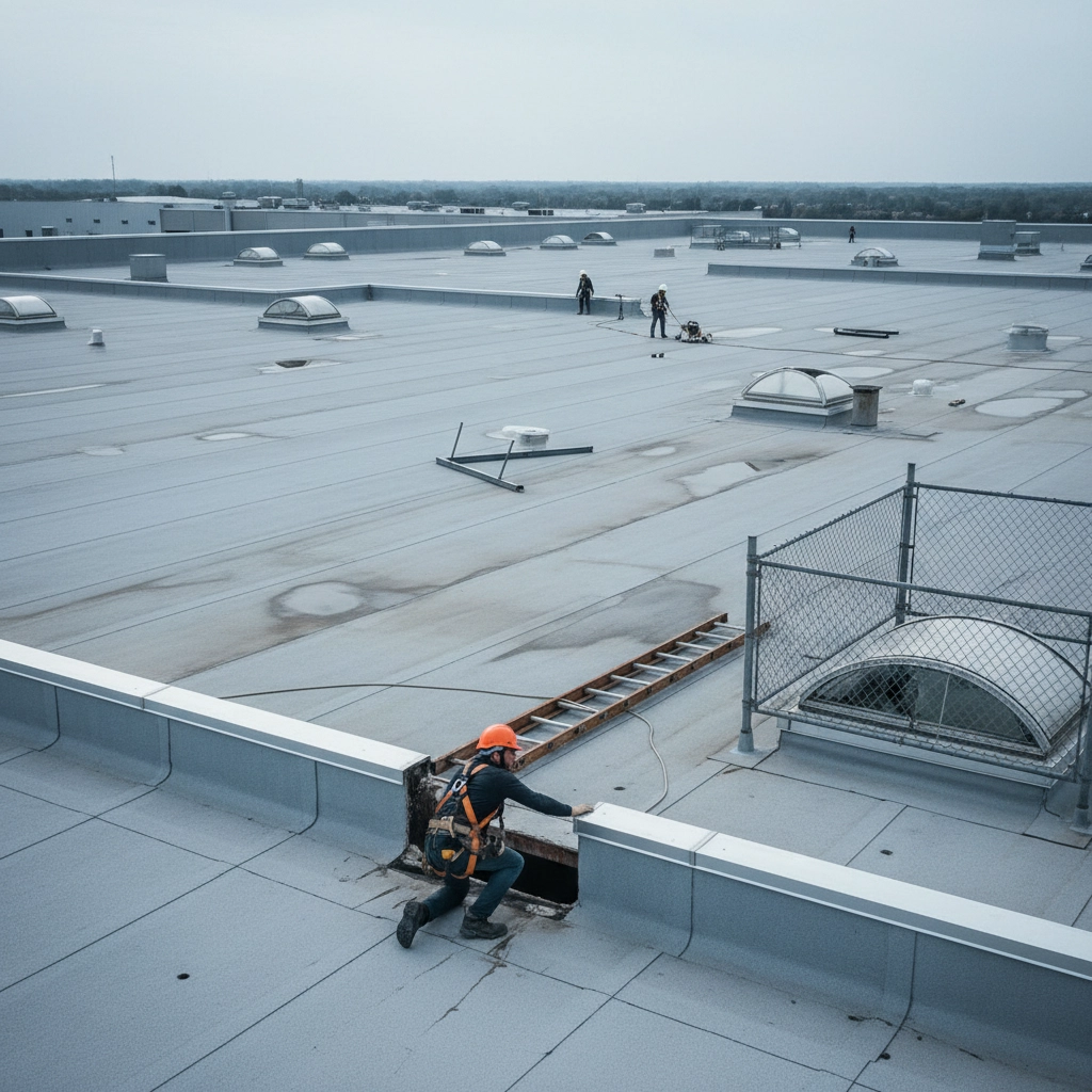 Commercial roofing safety equipment and fall protection systems on Texas commercial building