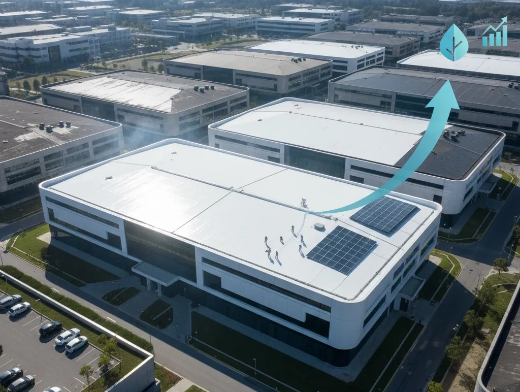 Modern commercial building with reflective roof coating installation showing energy efficiency and sustainability benefits in Texas