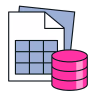 Icon of data silos showing stacked database cylinders and spreadsheet documents behind them.