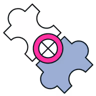 Two interlocking puzzle pieces, one white and one blue-gray, with a pink circle and an X mark overlay on the blue-gray piece.