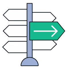 Signpost with three blank white arrows pointing left and one green arrow pointing right.