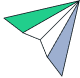 Stylized paper airplane with a green, white, and light blue color scheme flying with motion lines behind it.