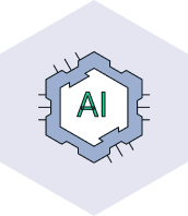 Hexagonal icon with a smaller, stylized hexagon inside featuring the letters 'AI' in green, surrounded by abstract circuit-like lines.