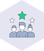 Icon of three people with one person in front, topped by a large green star and two smaller white stars on each side, symbolizing group excellence or leadership.
