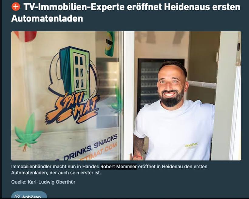 Zeitungsartikel: TV-Immobilien-Experte eröffnet Heidenaus ersten Automatenladen