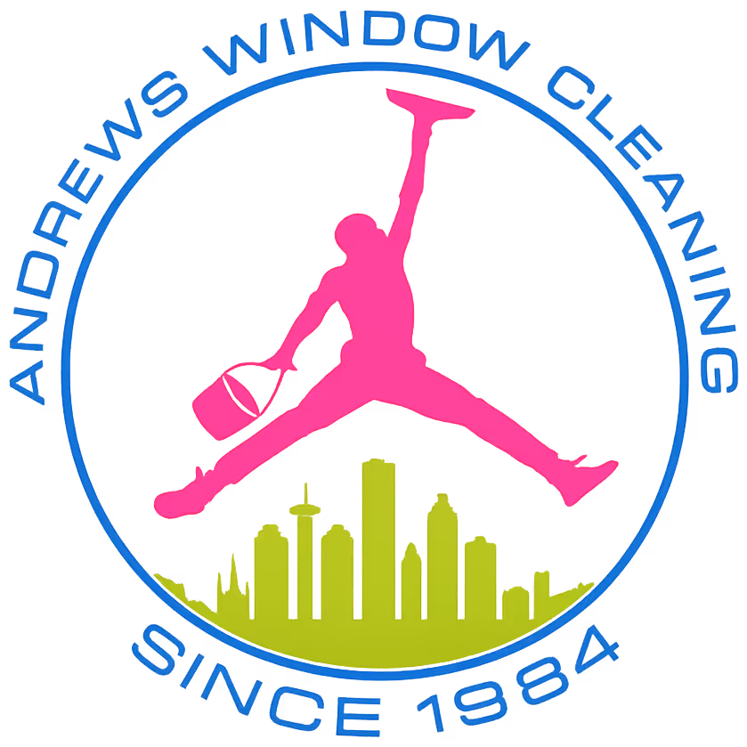 Logo of a pink figure cleaning windows above a green city skyline with text 'Andrews Window Cleaning Since 1984'.