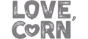 Green text logo reading 'LOVE, CORN' with a heart shape inside the letter O in CORN.