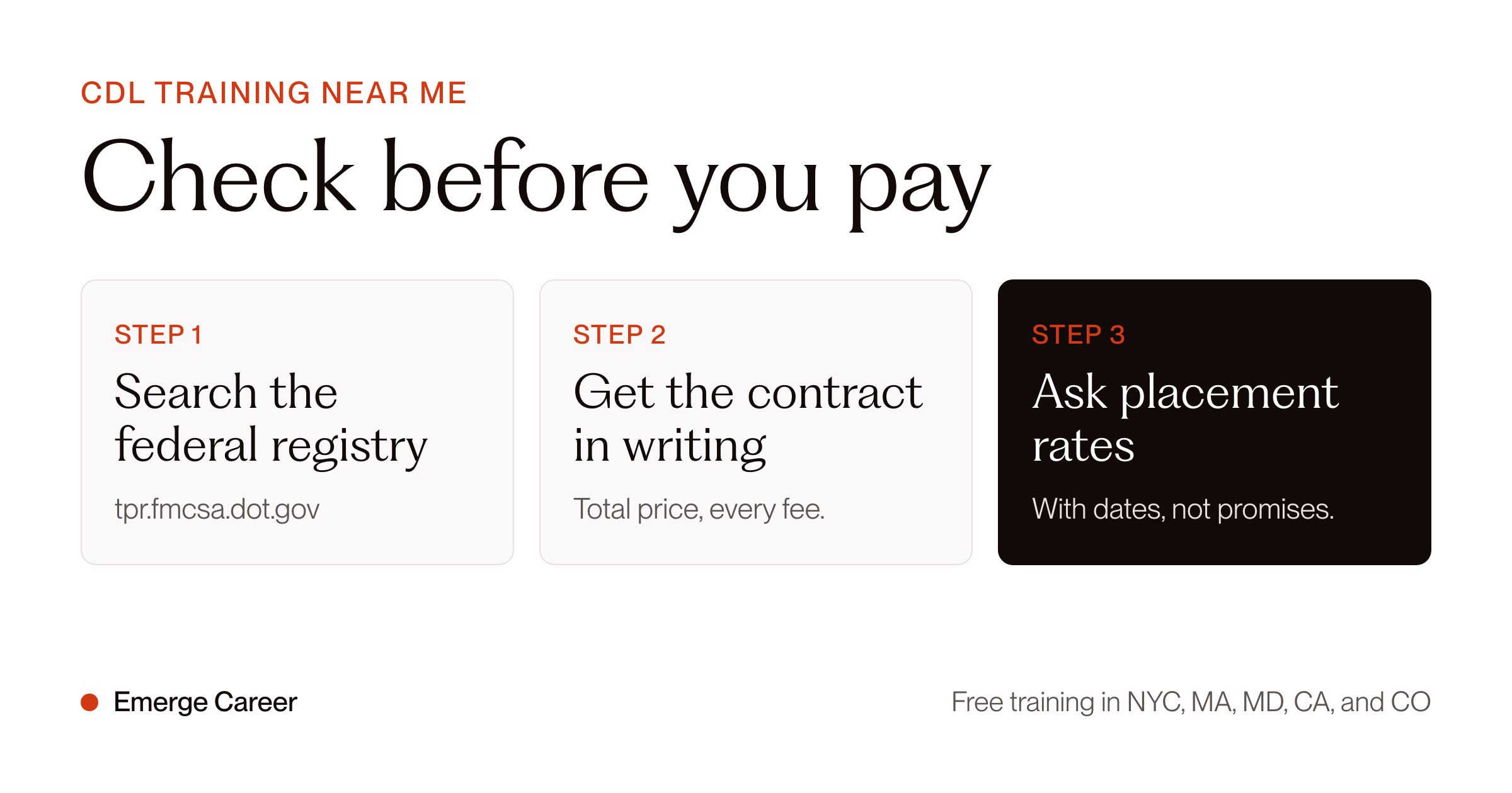 Check a CDL school before you pay: search the federal registry, get the contract in writing, ask placement rates