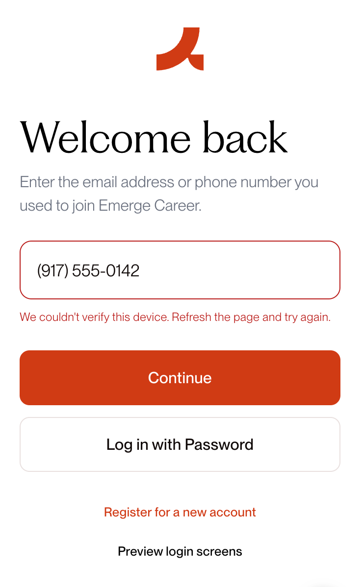 Phone screenshot of the Emerge login screen as seen on a facility tablet