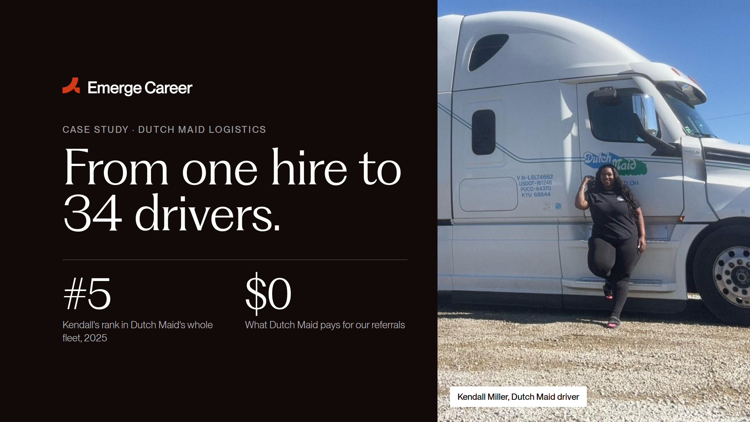 From one hire to 34 drivers. Kendall Miller beside her Dutch Maid truck.
