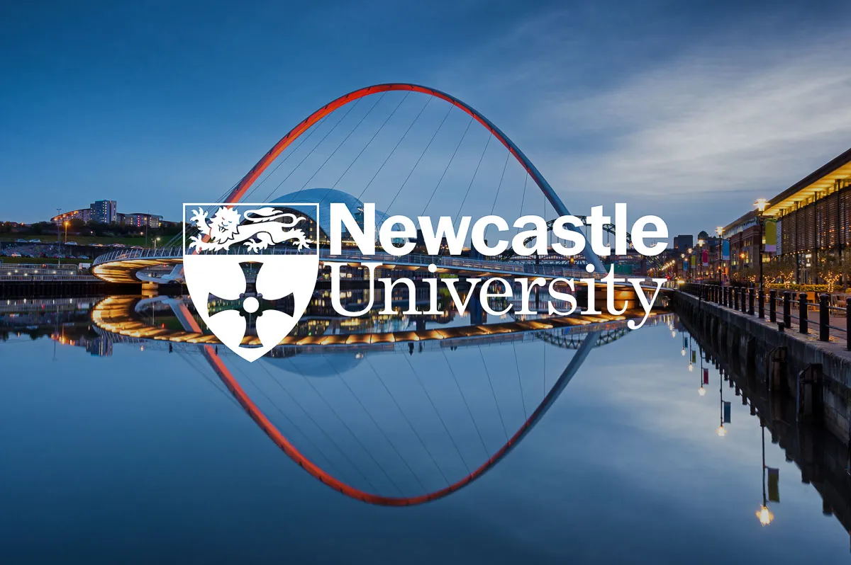 A picturesque view of the River Tyne featuring the iconic Millennium Bridge, with the distinguished Newcastle University logo overlaid.