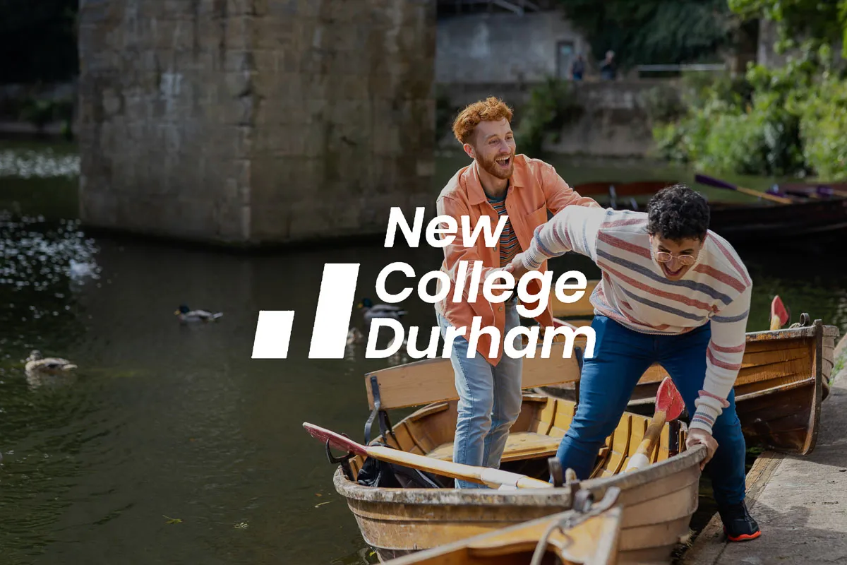 Students disembarking from a rowboat along the banks of the River Wear in the heart of Durham, with the emblem of New College Durham gracefully superimposed.