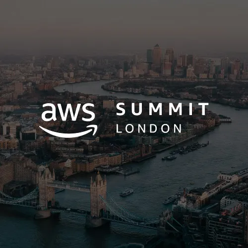 A vibrant image of the London skyline, overlaid with the AWS Summit event logo