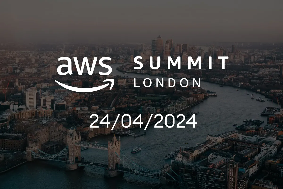 A vibrant image of the London skyline, overlaid with the AWS Summit event logo