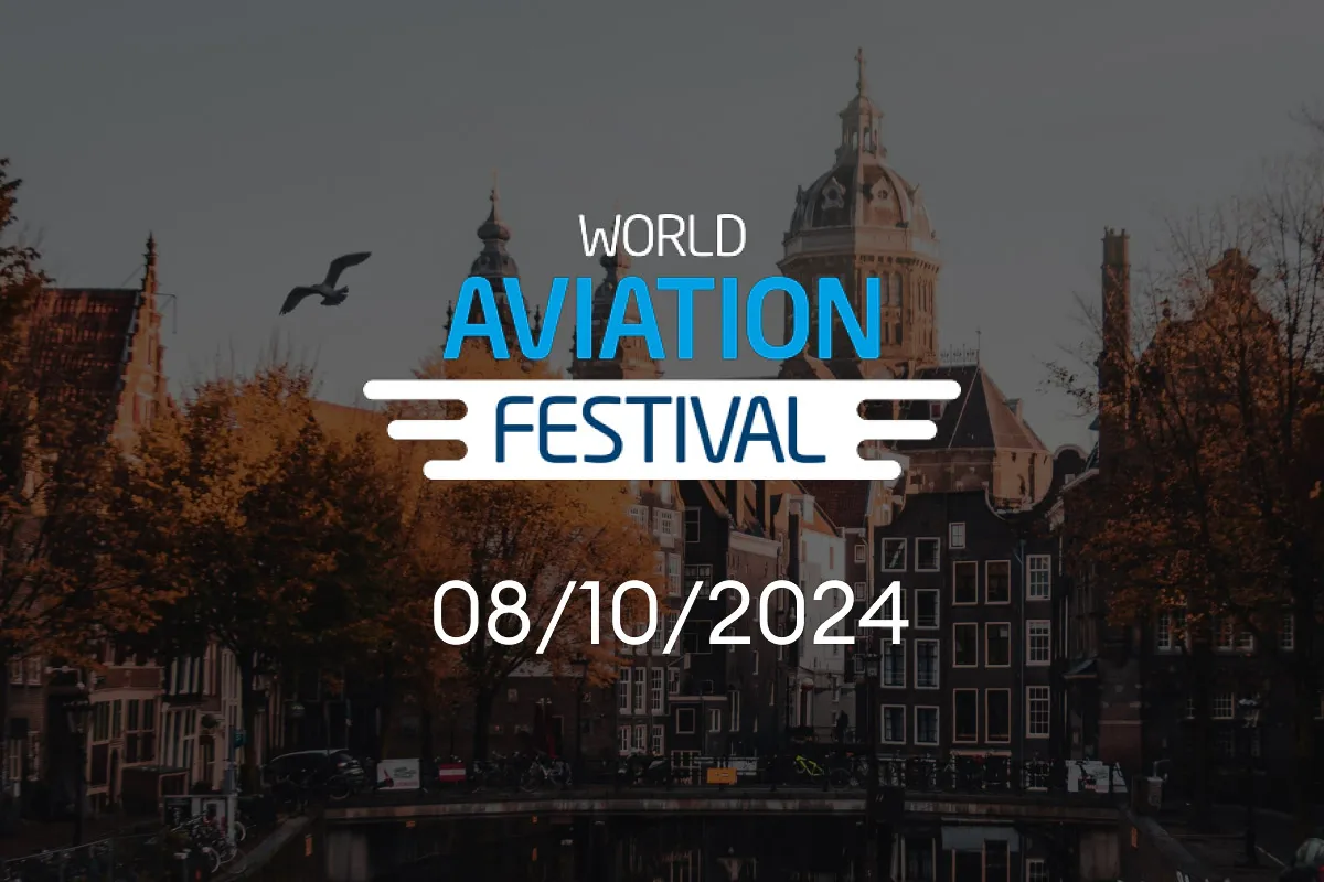 A vibrant image of Amsterdam, overlaid with the World Aviation Festival event logo