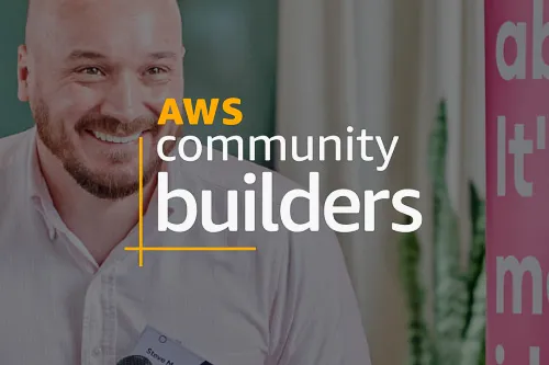 An image of Steve Morland Leighton CTO looking relaxed and smiling, overlaid with the AWS community builders logo.