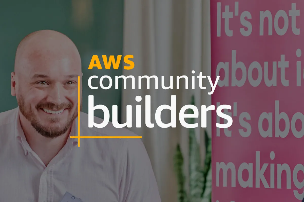 An image of Steve Morland Leighton CTO looking relaxed and smiling, overlaid with the AWS community builders logo.