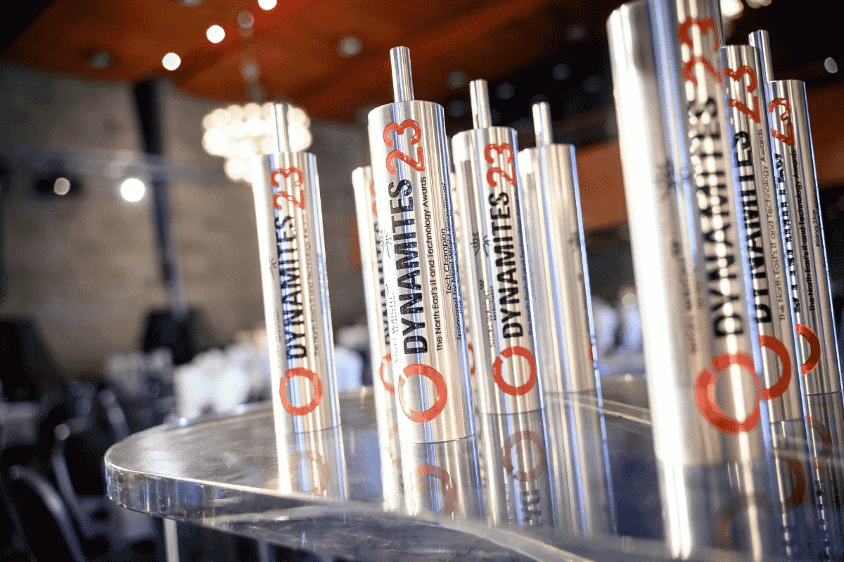 Image of Dynamites awards trophies lined up together. 