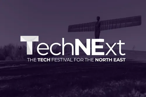 A vibrant image of the Angel of the North, overlaid with the TechNExt event logo. 