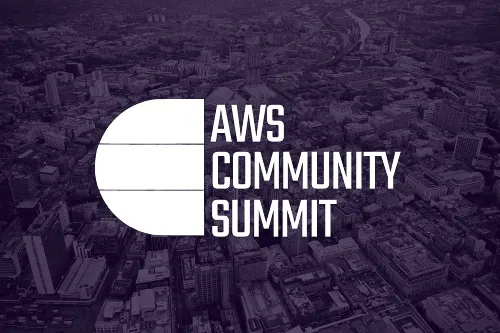 An image of the Manchester skyline, overlaid with the AWS Community Summit logo. 