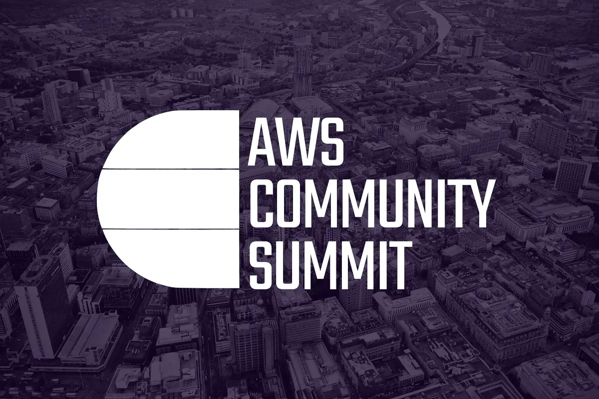 An image of the Manchester skyline, overlaid with the AWS Community Summit logo. 