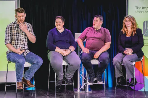 Photo of the TechNExt 2024 accessibility panel discussion, featuring speakers from EE, Connect Health, and iamproperty sharing insights on inclusive digital design.