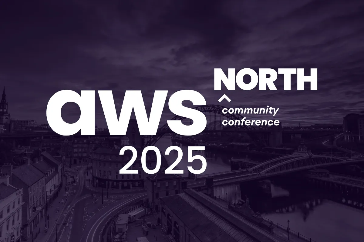 Event graphic for AWS North Community Conference showing the event logo overlaid of an image of Newcastle's Tyne Bridge