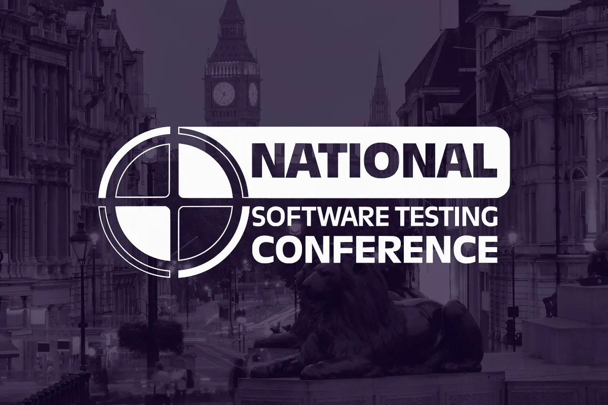 A background image of London, overlaid with the National Software Testing Conference logo