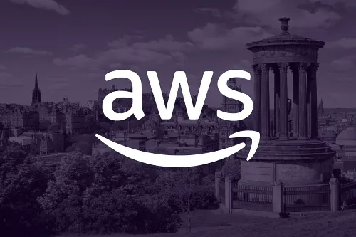 An image of the Edinburgh skyline, overlaid with the AWS logo