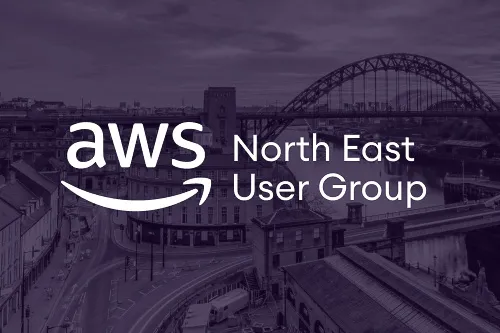 An image of the Newcastle skyline overlaid with the AWS North East User Group logo.