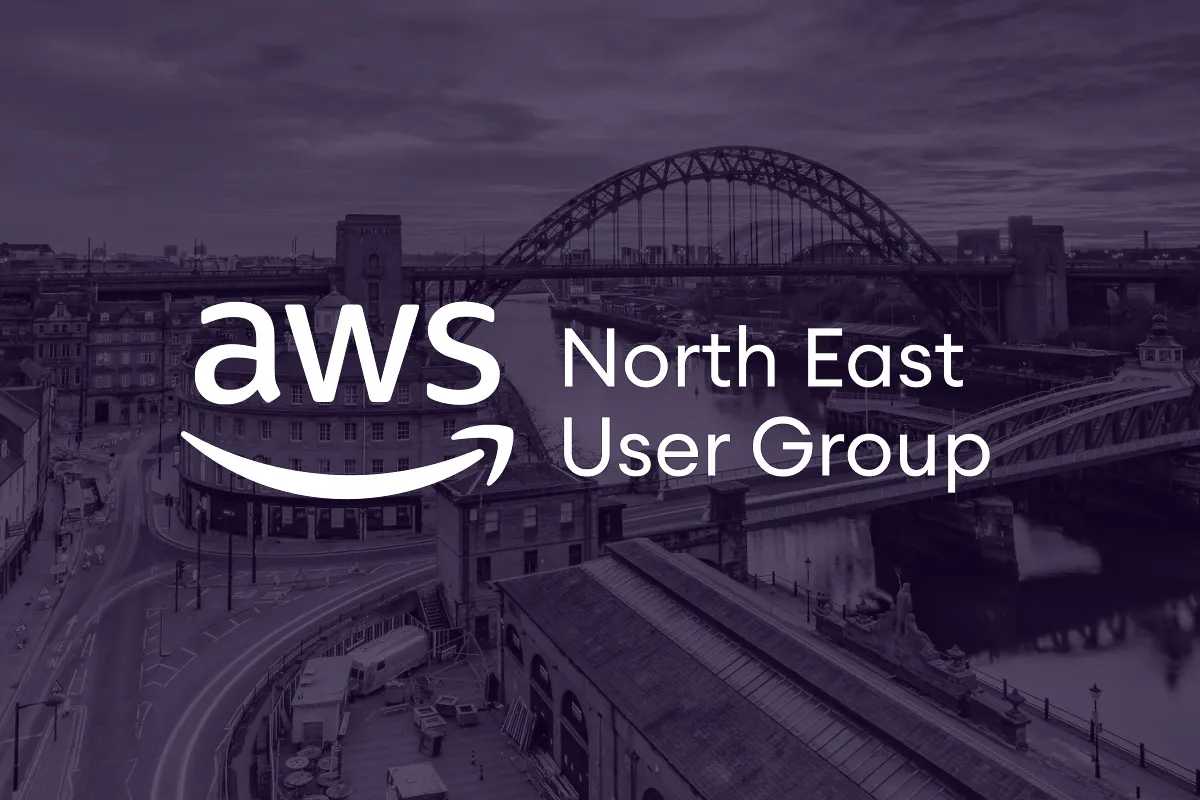 An image of the Newcastle skyline overlaid with the AWS North East User Group logo.