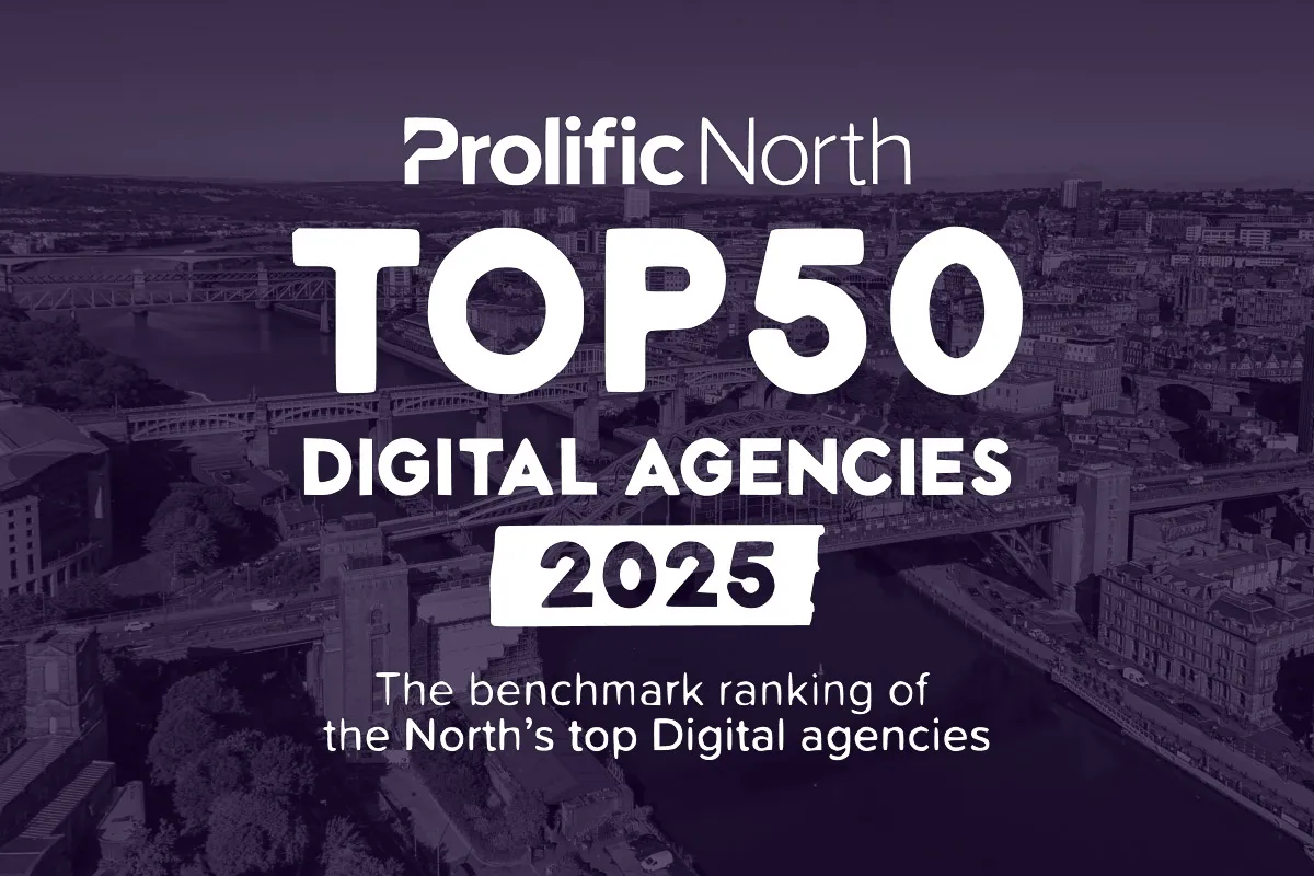 A photo of the Newcastle skyline overlaid with the Top 50 Digital Agencies logo.