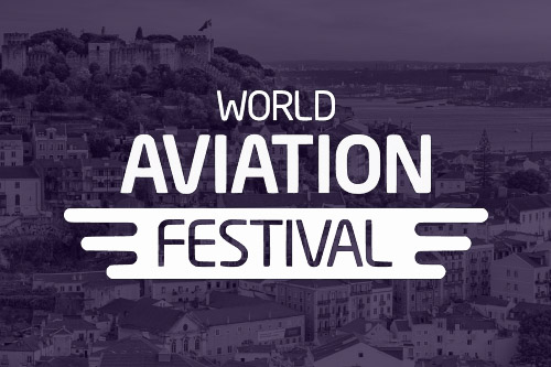 An image of the Lisbon skyline overlaid with the World Aviation Festival logo. 