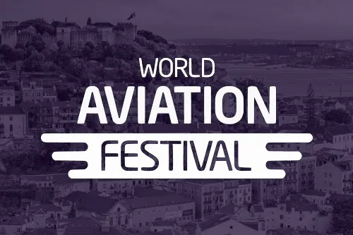 An image of the Lisbon skyline overlaid with the World Aviation Festival logo. 
