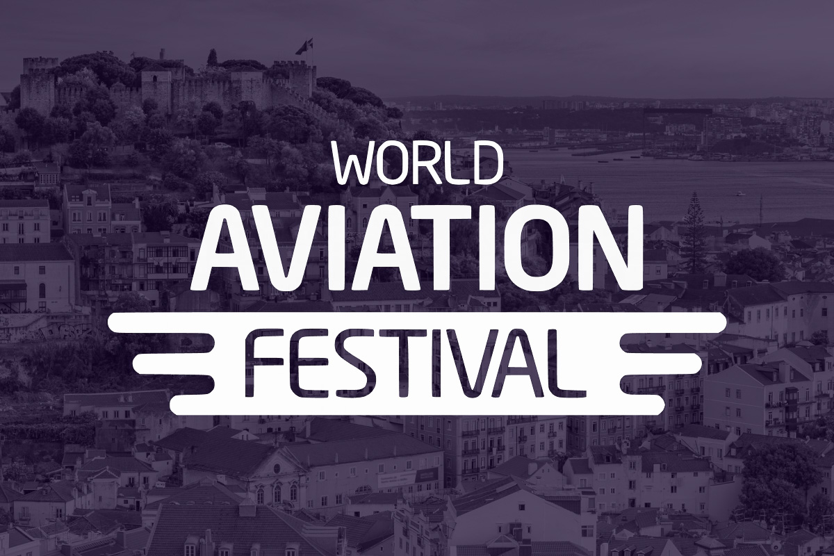 An image of the Lisbon skyline overlaid with the World Aviation Festival logo. 