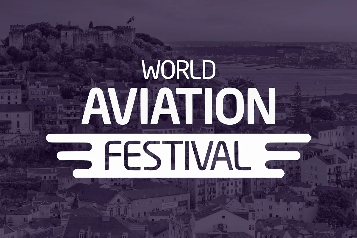 An image of the Lisbon skyline overlaid with the World Aviation Festival logo.