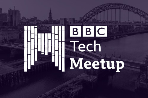 A photo of the Newcastle skyline overlaid with the BBC Tech Meetup logo. 