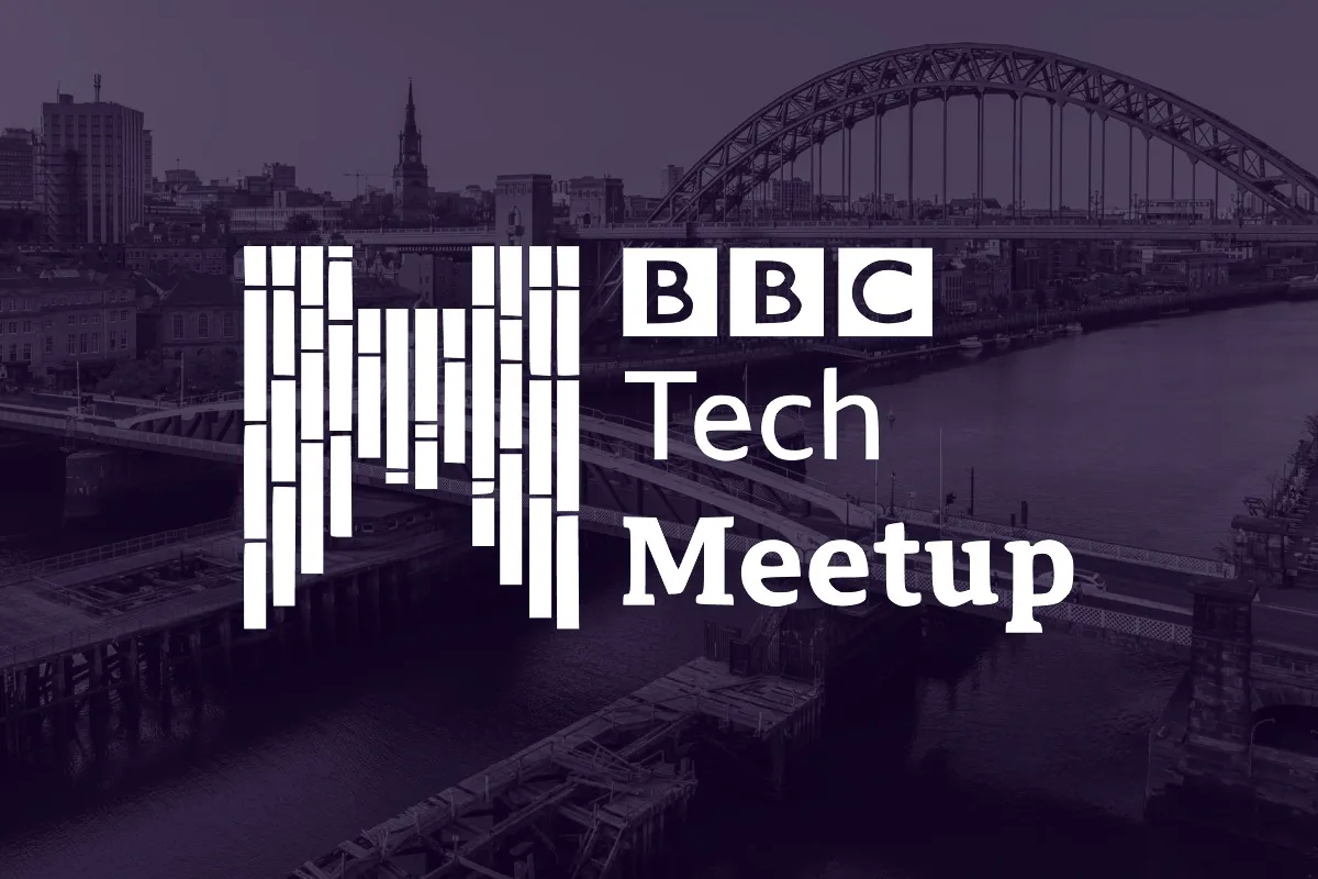 A photo of the Newcastle skyline overlaid with the BBC Tech Meetup logo. 