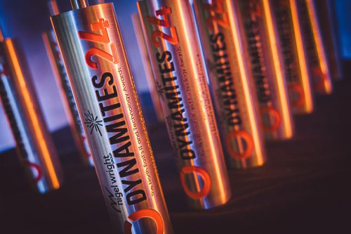 The Dynamites Awards trophies, lined up. 