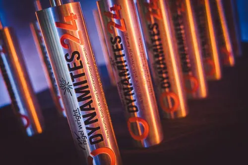 The Dynamites Awards trophies, lined up. 