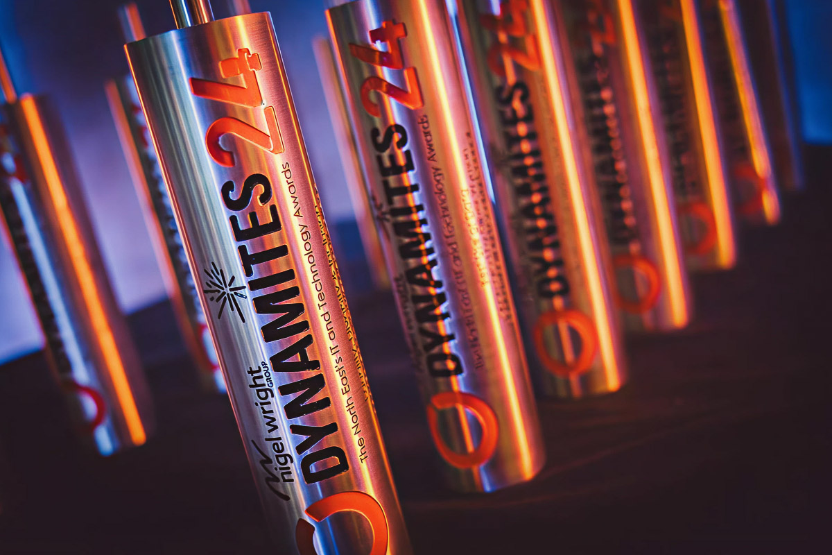The Dynamites Awards trophies, lined up. 