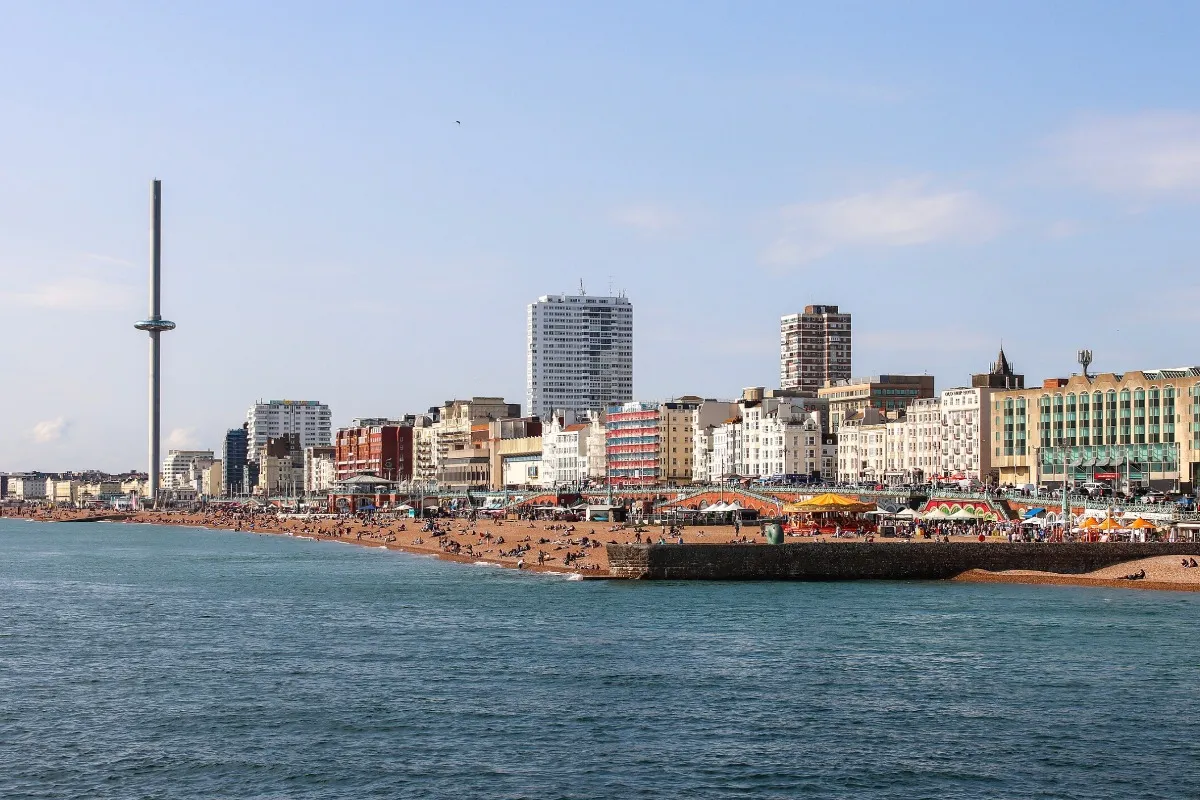 The Brighton shoreline, overlaid with the TestBash logo.