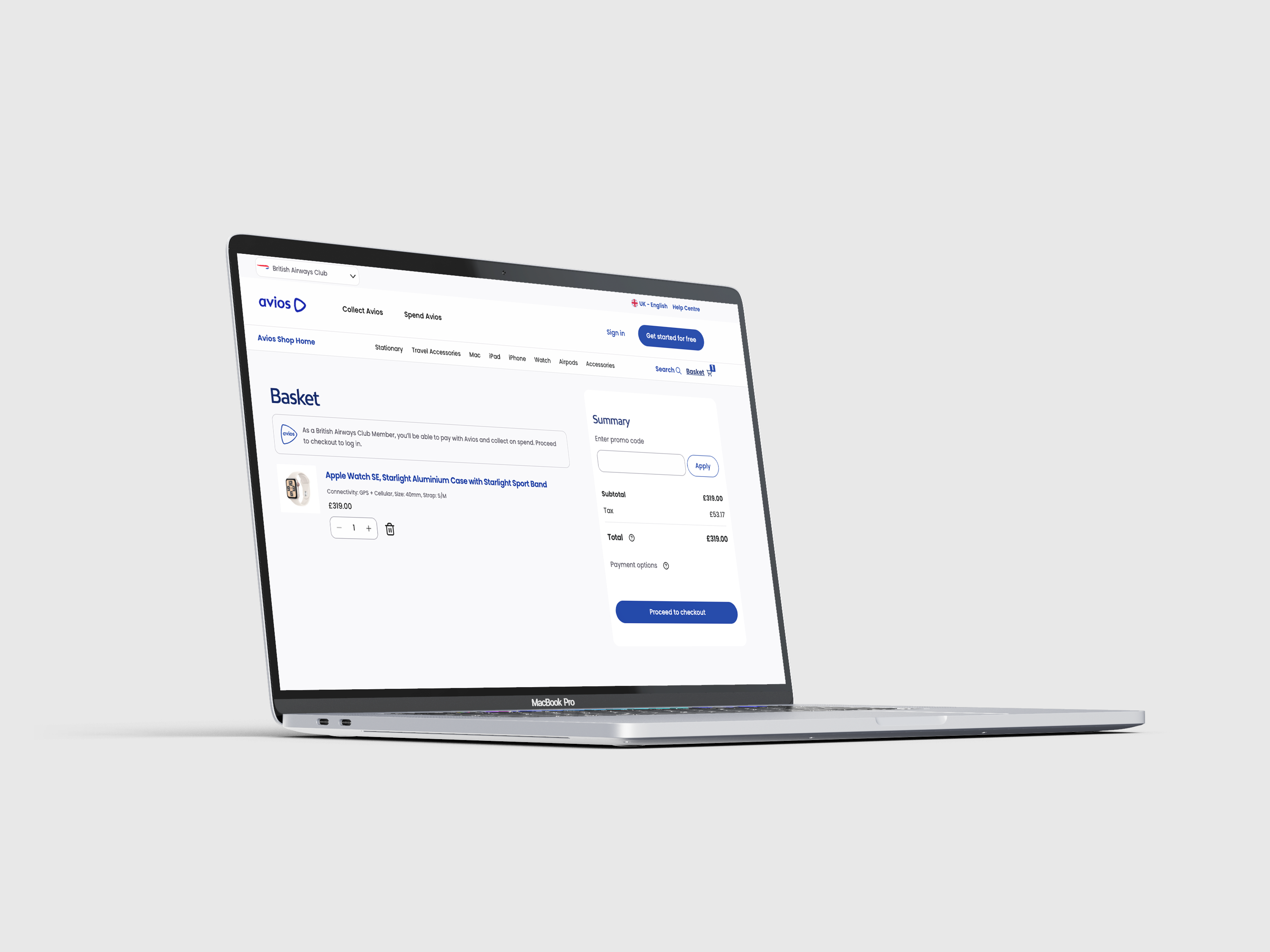 Mock up of the Avios Shop displayed on a Macbook. Mockup shows Avios Shop basket page. 