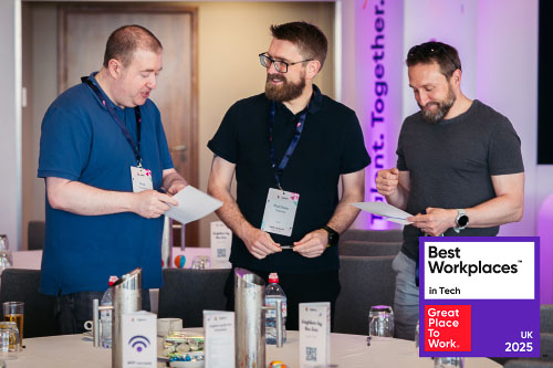 An image of the Great Place to Work badge, with an individual sat with headphone, with "We're a UK's Best Workplace in Tech" and the year 2025 written in the centre of the graphic. 