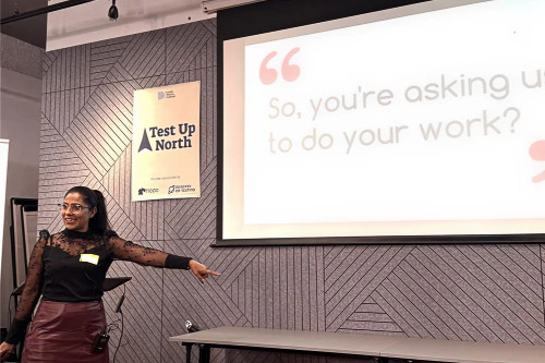 Leighton QA Manager Suman Bala delivering her talk at Test Up North.