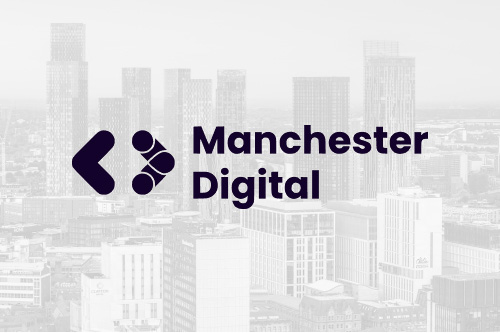 A photograph of the Manchester skyline, overlaid with Manchester Digital's logo