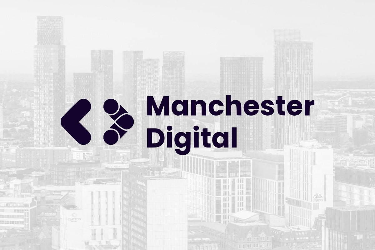 A photograph of the Manchester skyline, overlaid with Manchester Digital's logo