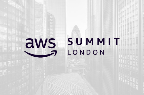 A photograph of the London skyline, overlaid with the AWS Summit London logo. 