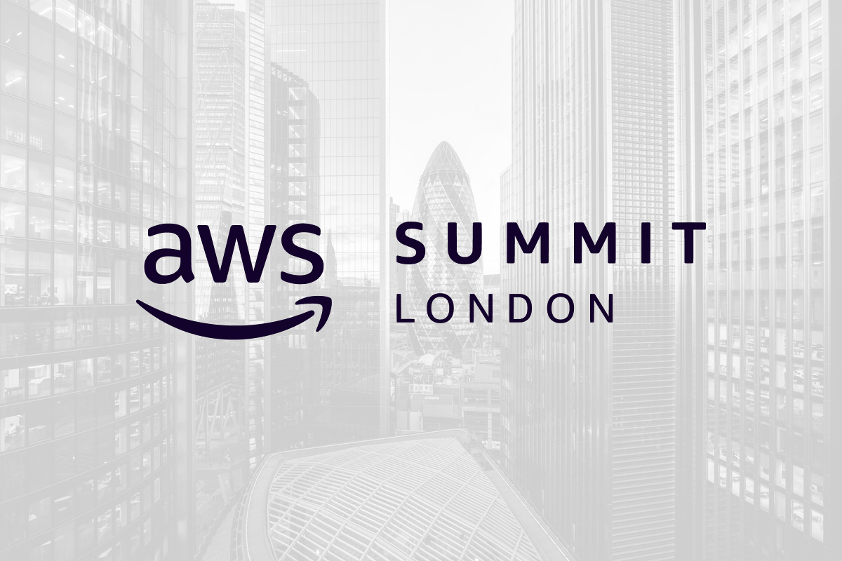A photograph of the London skyline, overlaid with the AWS Summit London logo. 